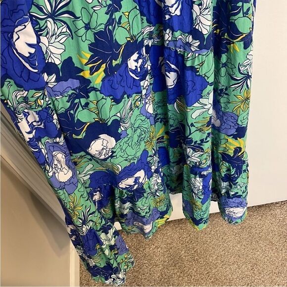 JAPNA BLUE GREEN FLORAL CUTOUT SMOCKED TIERED MAXI DRESS SIZE LARGE - Picture 3 of 10